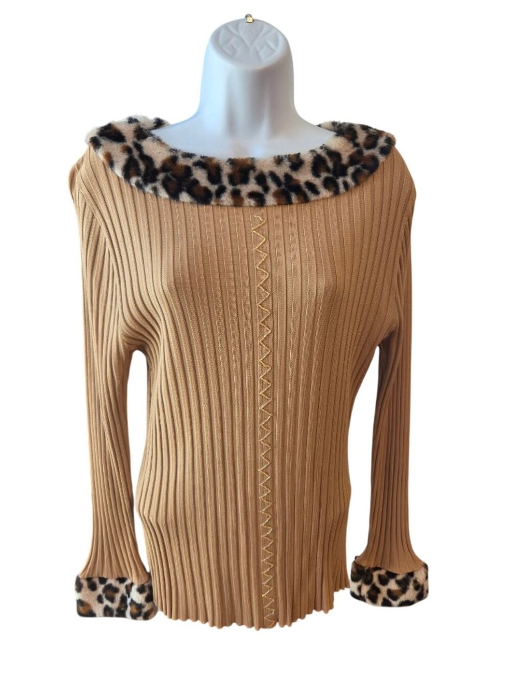 Midnight Velvet Womens L Sweater Leopard Faux Fur Trim Ribbed Y2K Mob Wife Glam